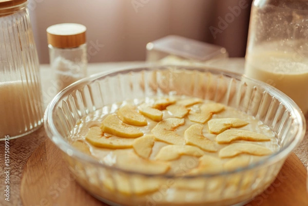 Fototapeta A close-up shows a glass pie dish filled with batter and neatly arranged apple slices, ready for baking.