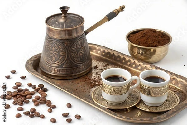 Fototapeta Tray with two cups of coffee and a coffee pot