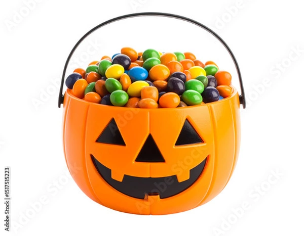 Fototapeta A pumpkin-shaped candy bucket in transparent background overflowing with colorful candies for Halloween. Perfect clip art for halloween theme.
