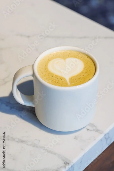 Fototapeta Warm cappuccino in a cup with heart-shaped latte art on top