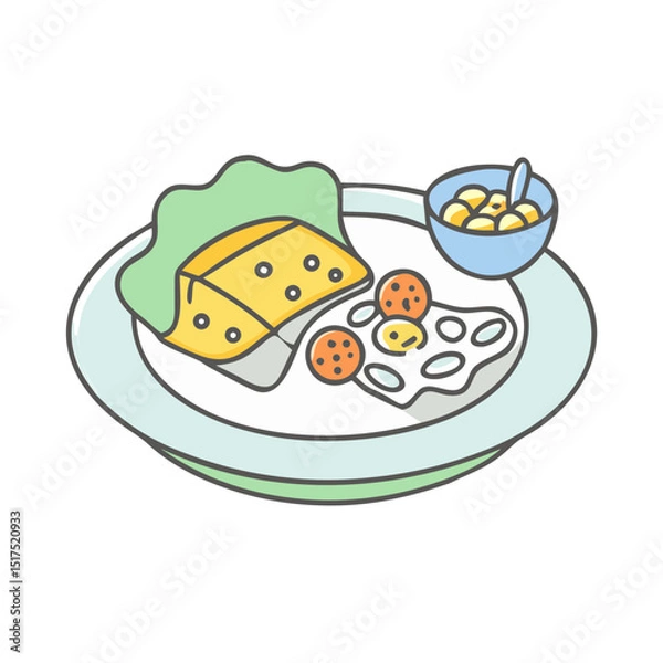 Fototapeta A cartoon breakfast plate with eggs, cheese, and small bowl with yellow balls