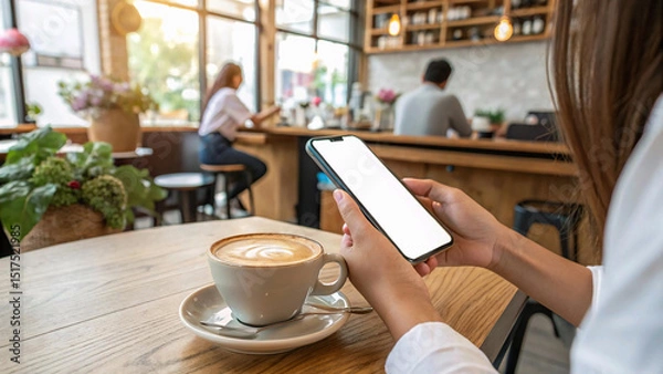 Fototapeta Woman's hands holding smartphone with blank screen in cafe, near latte, mockup, technology, communication : Generative AI