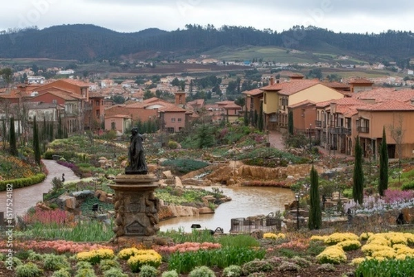 Fototapeta Beautiful landscape view featuring a statue, gardens, and buildings in a scenic city during cloudy weather