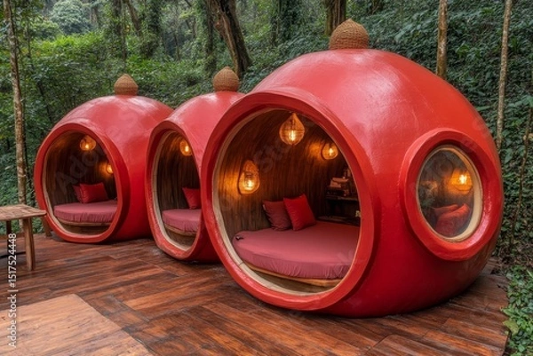 Fototapeta Unique round cabins nestled in a lush forest create a magical retreat experience in nature
