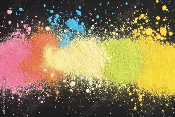 Fototapeta Bright and vibrant powders in various colors spread across dark background showcasing creative potential