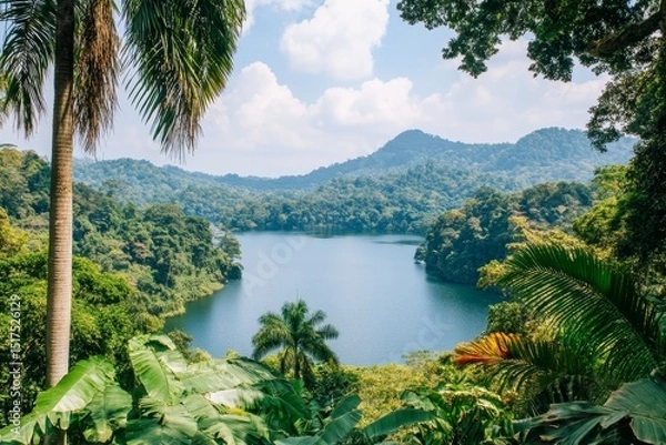 Fototapeta Lush rainforest landscape with serene lake and distant mountains under clear skies