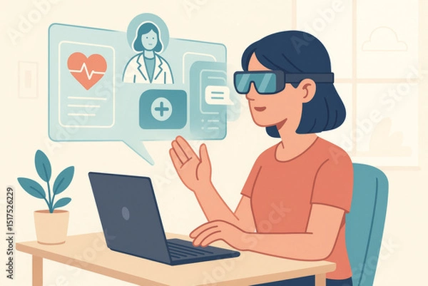 Obraz Woman wearing virtual reality glasses is having remote healthcare consultation using laptop, with digital medical icons and doctor image floating nearby, showing modern telemedicine technology