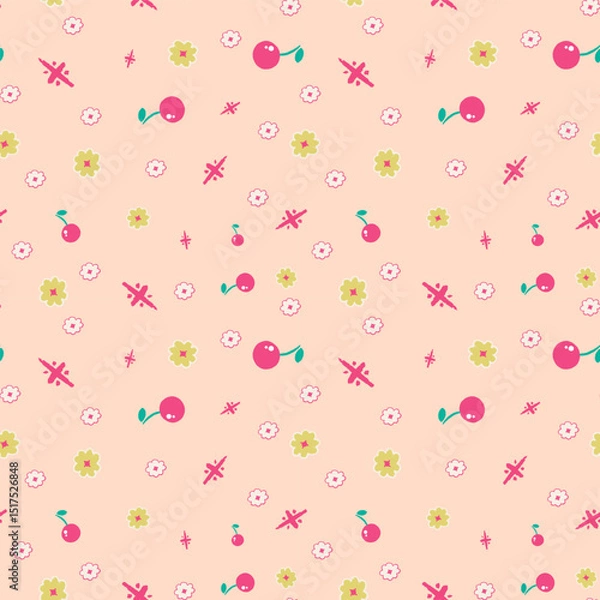 Obraz Ditsy small flowers and berries seamless pattern on beige background