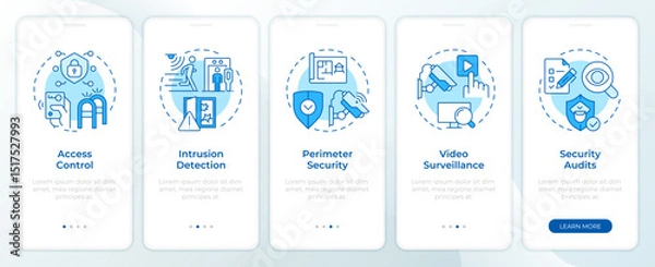 Obraz Components of physical security systems blue onboarding mobile app screen. Walkthrough 5 steps editable graphic instructions with linear concepts. UI, UX, GUI. Montserrat SemiBold, Regular fonts used
