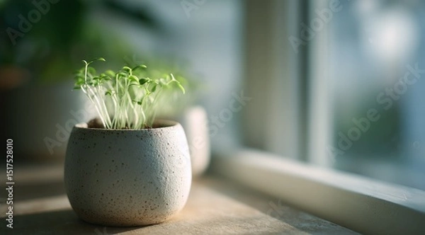 Fototapeta Small sprouts in a speckled, off-white pot sit on a windowsill, bathed in soft sunlight.  The background is blurred, focusing attention on the delicate new growth