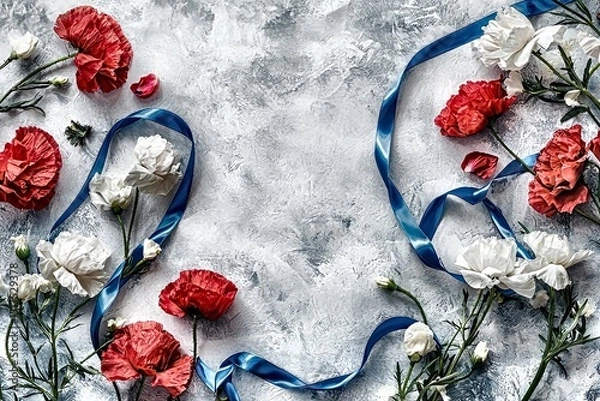 Fototapeta Floral art: red poppies & white flowers with blue ribbon on grey background – stunning ai image