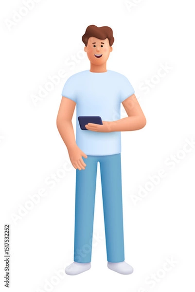 Obraz Young smiling man James standing and holding smartphone. 3d vector people character. Cartoon minimal style.