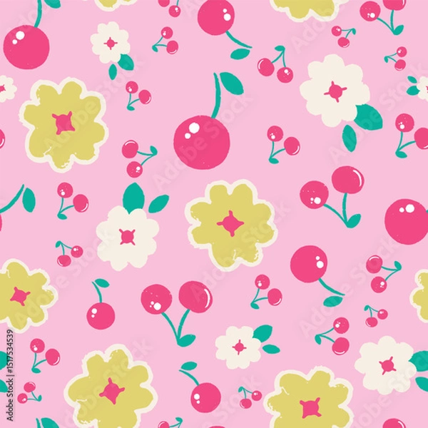 Obraz Cherry fruit and flowers abstract seamless pattern on pink background