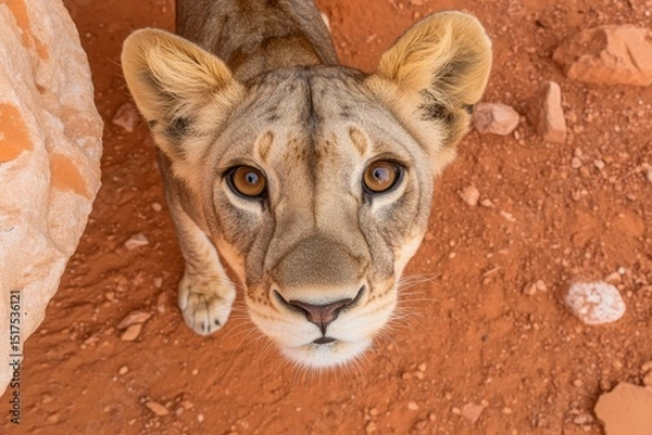 Fototapeta Lioness gazes curiously at the camera in a red desert landscape during daylight