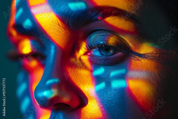 Obraz Close-up of a woman's eye illuminated by colorful lights in a cinematic portrait style with a moody atmosphere. Generative AI