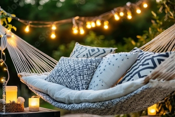 Fototapeta Cozy hammock adorned with decorative pillows under soft lighting in a serene outdoor setting at dusk