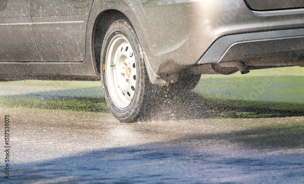 Fototapeta A car is driving on a wet road with water splashing out from the back