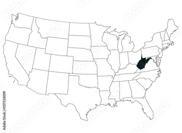 Fototapeta Map of West Virginia State in United States country on white background. Single State map highlighted by black colour on United States of America map. UNITED STATES, US