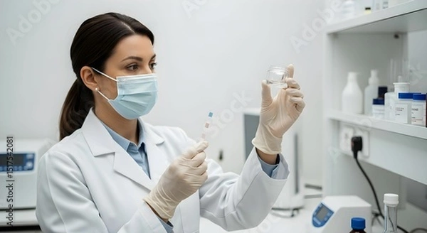 Fototapeta Laboratory technician analyzing samples in a clinical setting during daytime procedures for research and testing