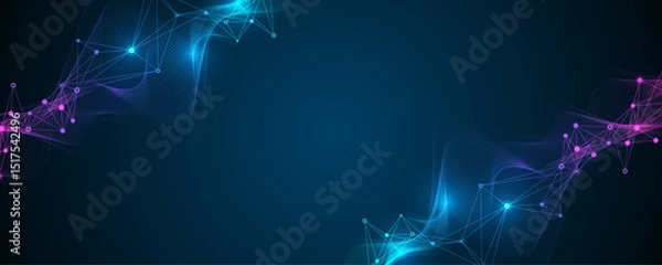 Fototapeta Abstract tech network connection dots. Digital technology and big data analysis background. White background with plexus lines. Geometric background with abstract mesh