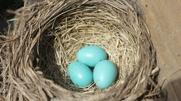 Fototapeta Brown straw nest with fresh white and brown eggs, a natural and healthy food from the farm