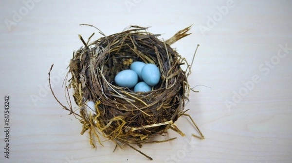 Fototapeta A natural brown bird nest, crafted from dry straw and grass, holds several white eggs, an isolated spring home for a bird's future family