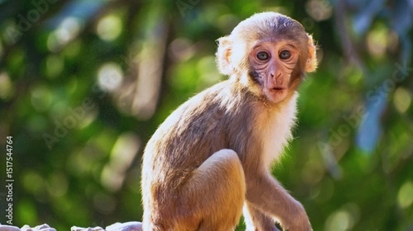 Fototapeta A cute, small, wild squirrel monkey baby with fur face on a green branch in the tropical rainforest of South America
