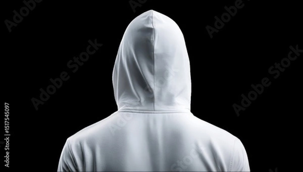 Obraz Rear view of a person wearing a white hooded sweatshirt against a black background