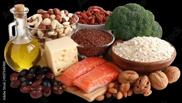 Obraz Assorted healthy food items, including nuts, seeds, grains, fish, cheese, and oil
