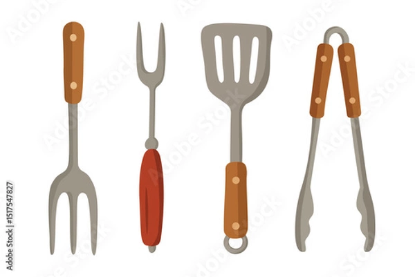 Obraz Flat barbecue tools clipart including fork, spatula and tongs with wooden handles on white background.