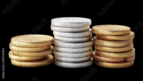 Obraz Three stacks of coins in gold, silver, and bronze