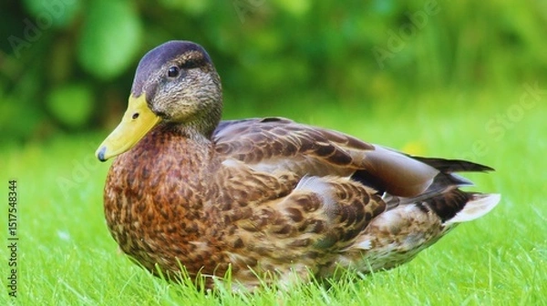 Fototapeta A brown mallard duck, a wild waterfowl bird, rests in the green grass of nature near a lake