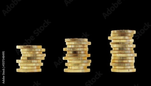 Obraz Gold coins stacked in three uneven, increasing heights against black