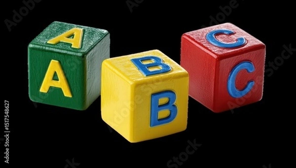Obraz Three wooden alphabet blocks in green, yellow, and red, showing the letters A, B, and C