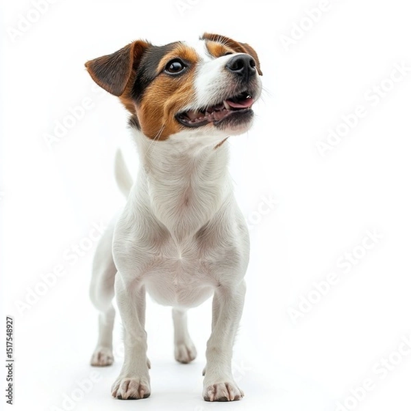 Fototapeta Adorable small dog with brown and white fur, happy expression, alert ears, and bright eyes standing on a white background, full body shot