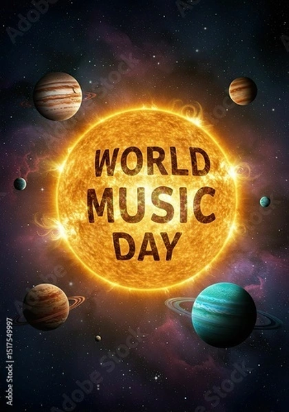 Obraz World music day message on the sun with planets in space. Cosmic illustration celebrating the concept of universal harmony and musical celebration.
