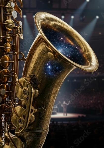 Fototapeta Close up of a saxophone horn with a galaxy inside depicting the concept of how music is boundless, for world music day and abstract concepts.