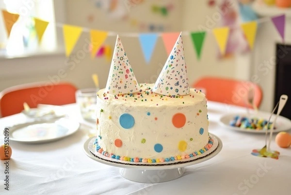 Obraz A birthday celebration featuring a homemade cake, hand-drawn banners, and personalized party hats