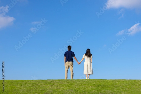 Obraz A young couple holding hands, seen from behind on the grass
