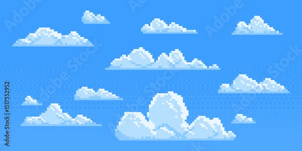 Fototapeta Pixel clouds set for game background - fluffy cumulus cloudscape in 8 bit style. Cartoon sky elements, retro gaming sprites, pixelated aerial landscape assets. Decorative nostalgic pixelart designs.