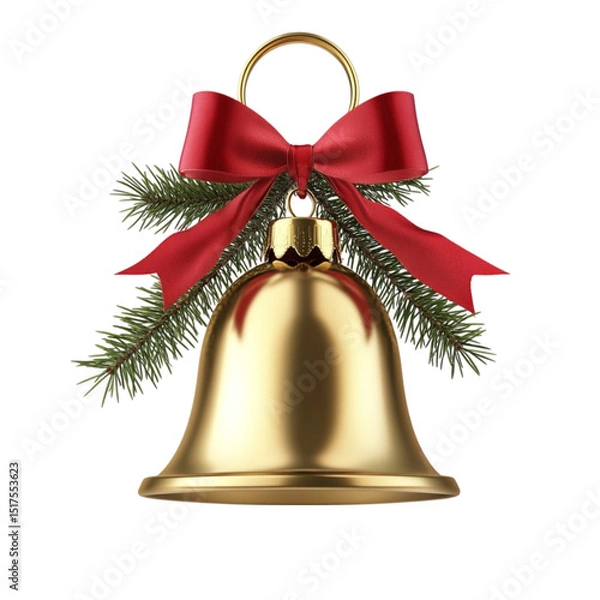 Fototapeta Gold bell ornament with red bow and pine branch festive holiday decoration