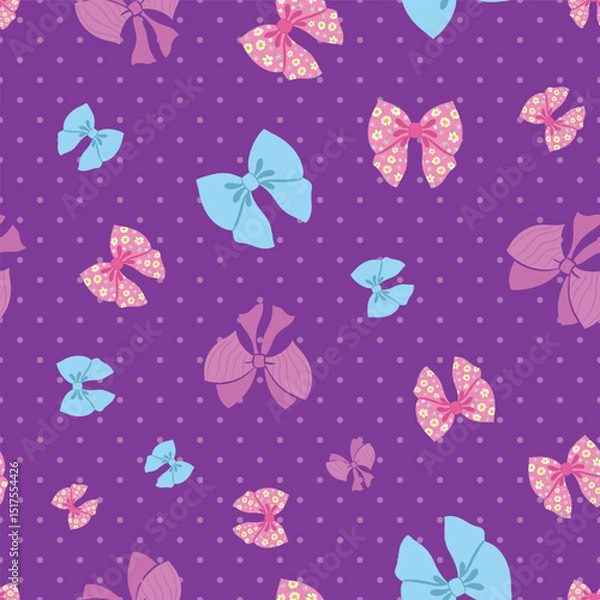 Obraz Bows and flowers seamless pattern on purple polka dots background
