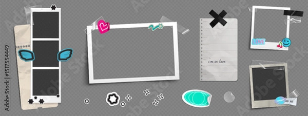 Fototapeta Y2k aesthetic photo frames mockup set - square and rectangular instant photography borders with trendy 2000s stickers - stars and hearts, smiling face and wings. Retro scrapbooking photograph template