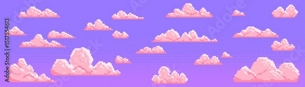 Fototapeta Pixel art clouds set for retro 8 bit video game design - cute pink fluffy sky elements collection on purple bg. Cartoon bubbly pixelated heavenly environment assets. Old school arcade level landscape.