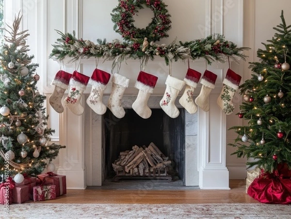 Obraz A holiday celebration with hand-crafted wreaths, tree ornaments, and DIY stockings
