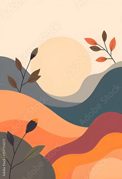 Fototapeta Minimalist abstract landscape with rolling hills, soft sun, and stylized plants in warm earth tones. Flat design illustration evoking a calm, autumnal natural atmosphere with organic shapes