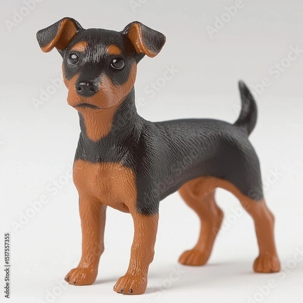 Fototapeta Realistic Doberman Pinscher sculpture figurine standing on a neutral background, detailed miniature dog model showcasing alertness and muscular build