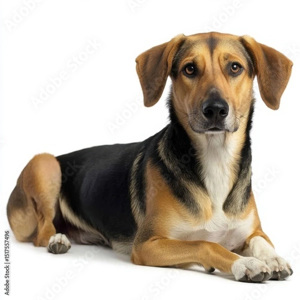 Fototapeta Cute alert dog lying down with alert expression, medium size, mixed breed with brown and black fur, isolated on white background, detailed close-up