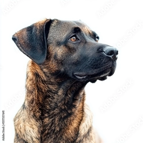 Fototapeta Close-up portrait of a attentive, loyal medium-sized mixed breed dog with short brown and black fur, alert expression, and listening ears against a plain white background