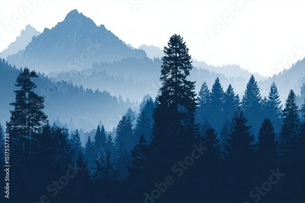 Fototapeta Serene, hazy mountain range silhouetted against a bright sky, with a dense forest of evergreen trees in the foreground, rendered in shades of blue